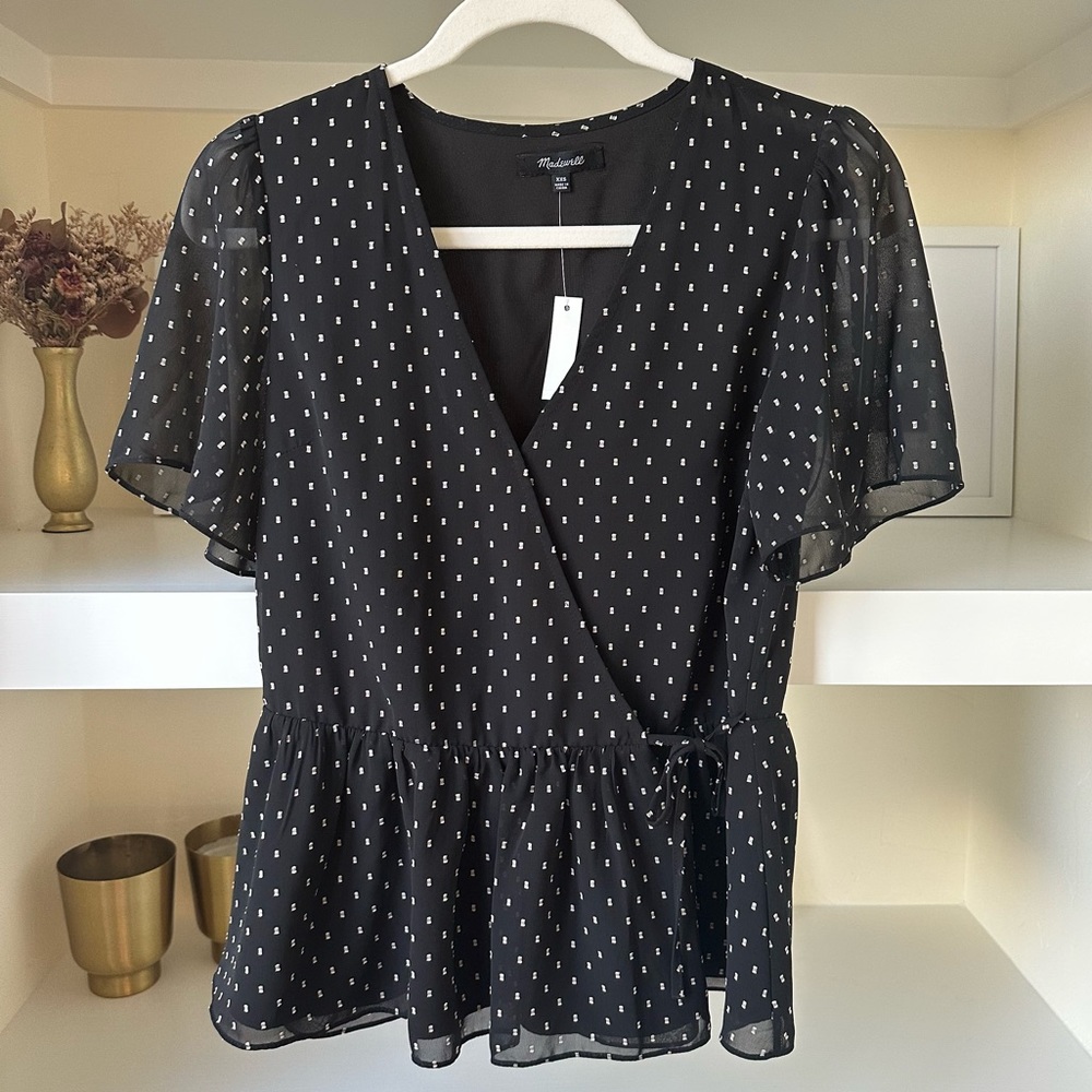 NWT Black Wrap Blouse with White Embroidered Dots